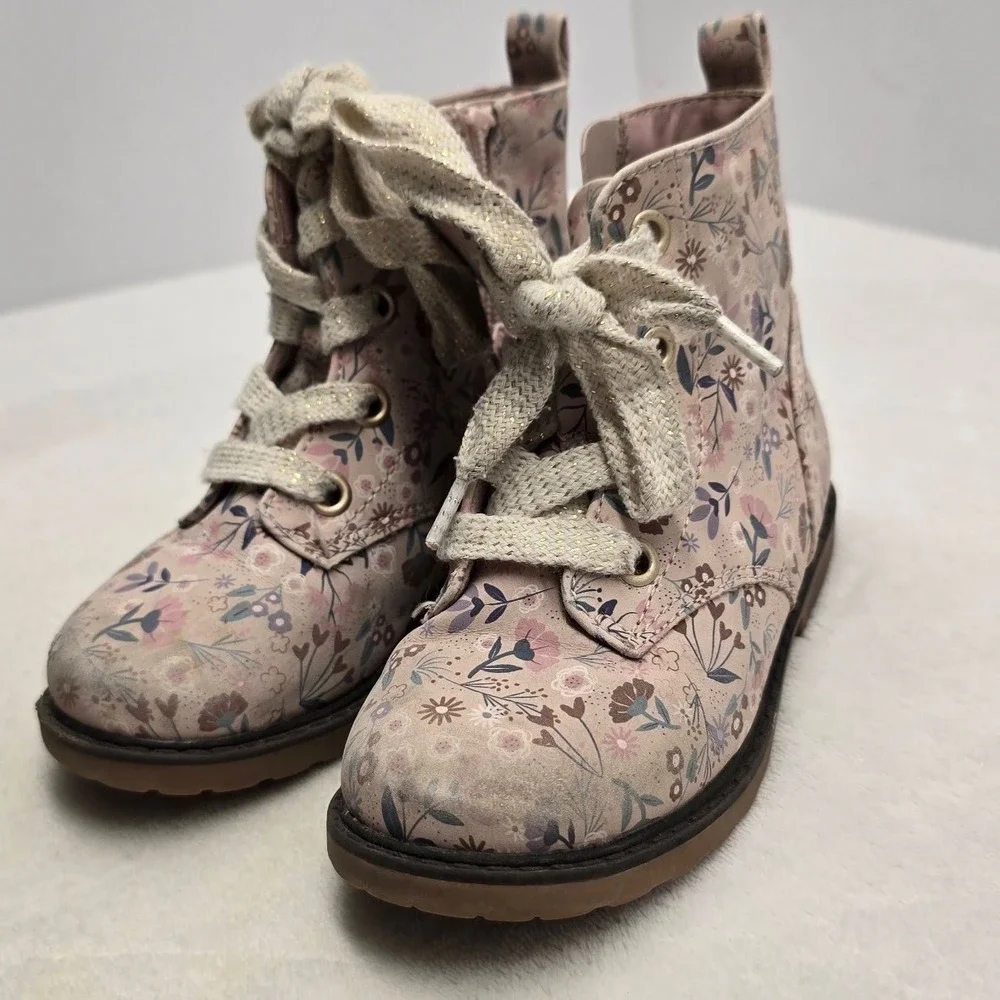 Cat & Jack Toddler Girls Floral Lace Up Combat Boots Pink Size 9 Cottagecore